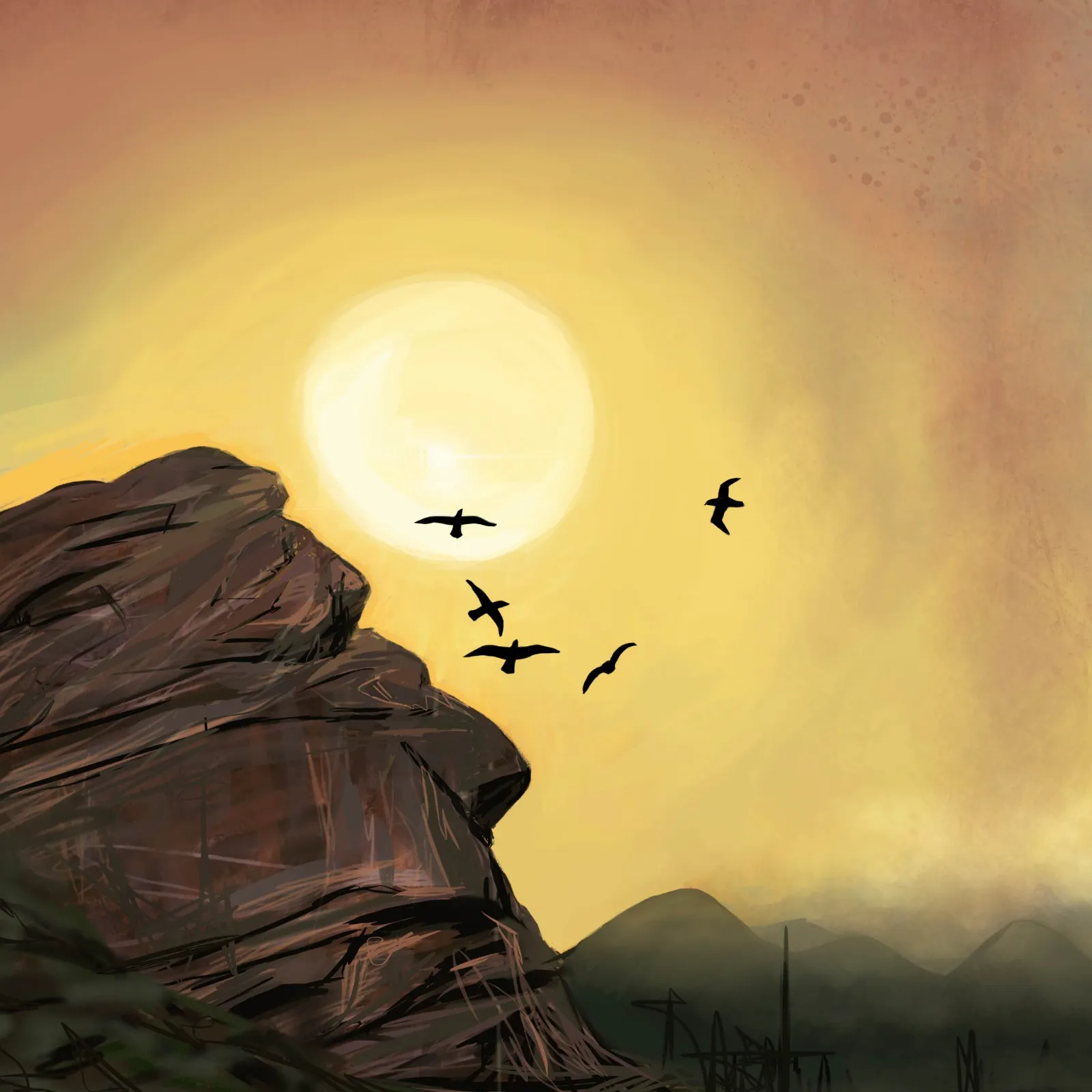 Ilustrace skalnaté krajiny s hejnem ptáků proti zapadajícímu slunci